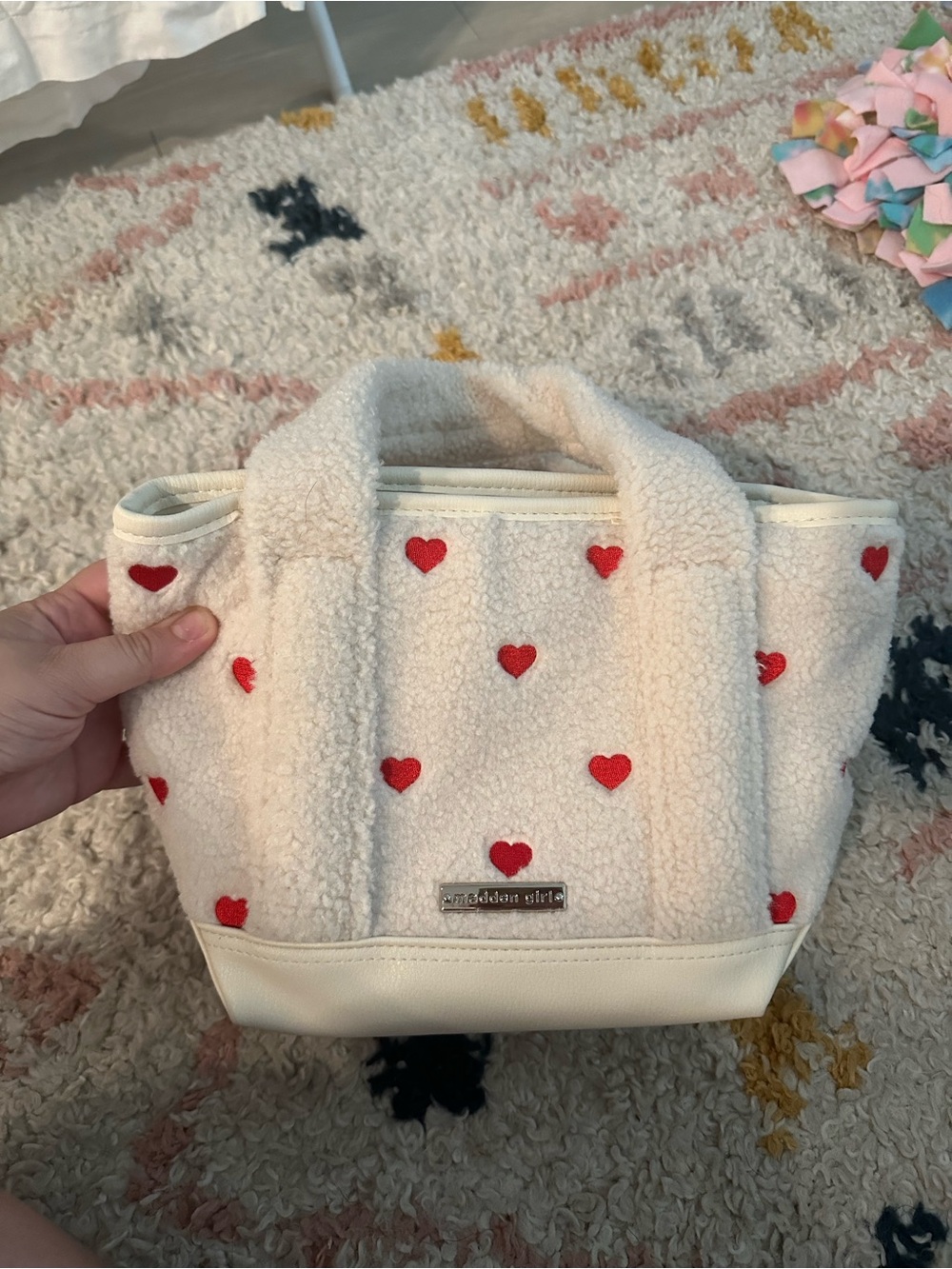 madden girl Cream Sherpa Tote with Red Heart Embroidery